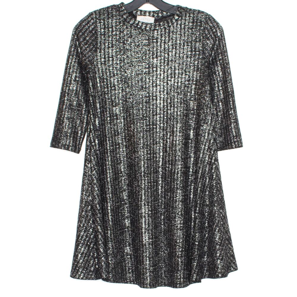 Metallic Sheer Party Cocktail Dress Black Silver XS Holiday Swing Glam Mod Tunic